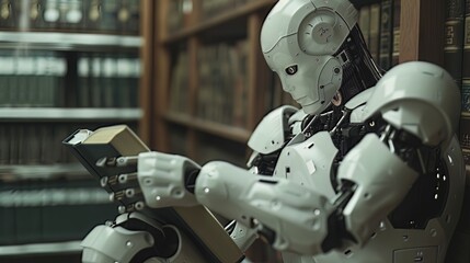 Fototapeta premium A Humanoid Robot Learning: An image of a humanoid robot engaged in a learning process, perhaps reading a book or analyzing data, showcasing the ability of AI systems to acquire knowledge and adapt