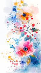 Postcard with flowers. Pastel watercolor soft impressionism flowers, berries, splashes, spots, drops, small free space for writing