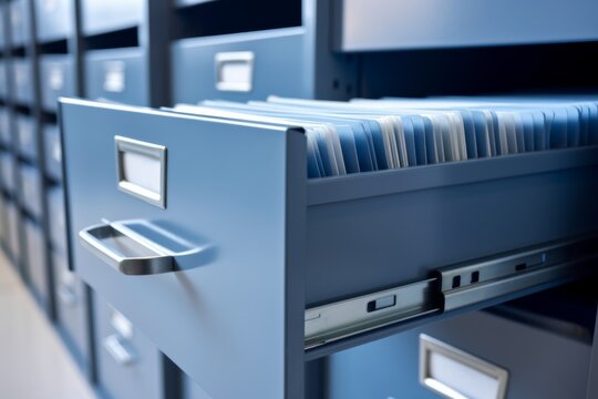 Metal filing cabinet with open drawer full of documents