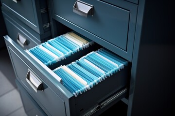 An open drawer of a metal filing cabinet, revealing neatly organized documents.