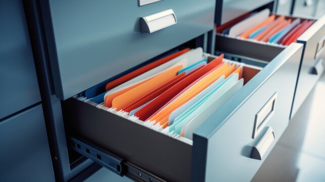 Metal filing cabinet with open drawer full of documents