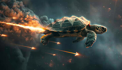 A turtle flies into the sky, a high-speed Internet connection and fast computer computing performance.