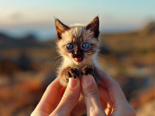 Tiny Siamese kitten sitting on the very tips of fingers and looking surprised into the camera, blurred background