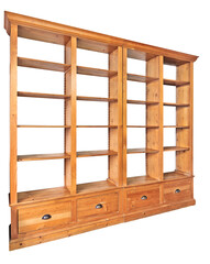 Obraz premium Empty double wooden library in perspective isolated on white