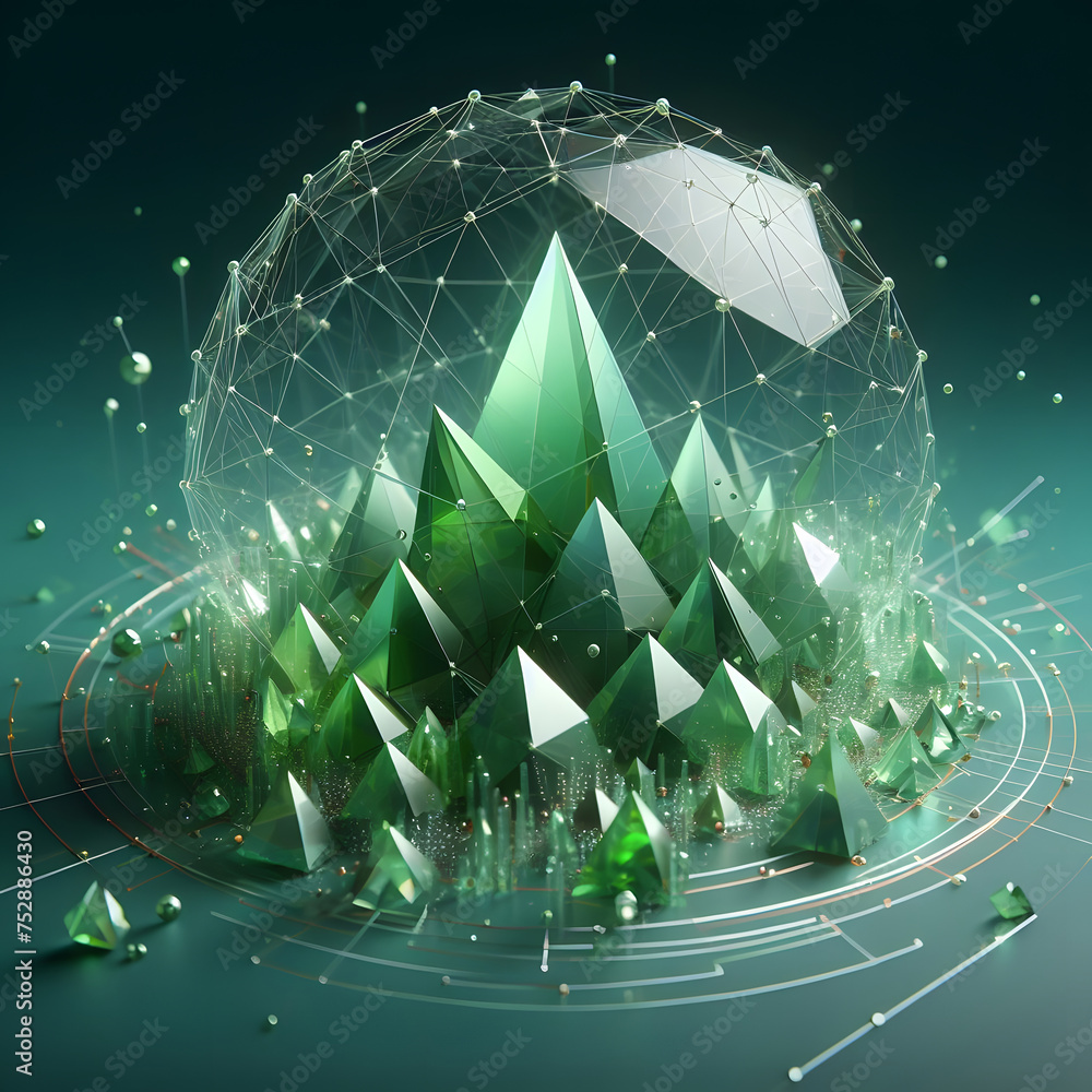 Poster 3d render of crystal sphere with green polygonal crystals on dark background generative ai