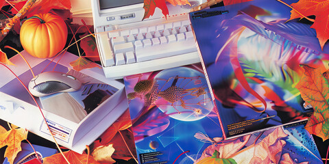 90s science study book vibes, Old Computer. Nostalgia. Collage. flash backs , frutiger aero, utterly nostalgic Y2K
