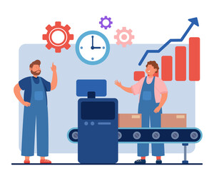 Happy male workers near automated  packing line. Vector illustration. Clock and growing diagram with arrow on background. Improving productivity of workers concept 