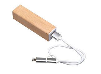 Wooden portable external power bank, for emergency phone recharge.