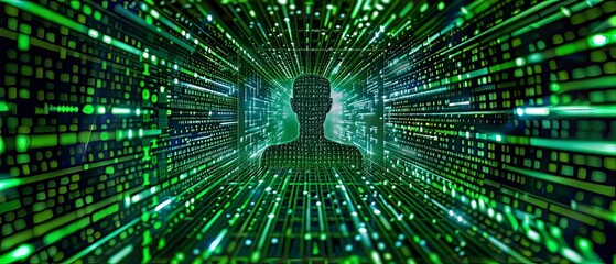 A Matrix-Like Code Stream: A visual representation resembling the iconic green code streams from the movie "The Matrix," symbolizing the computational power and data processing capabilities of AI syst