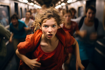 Scared worried panic girl running in a crowd of people and chasing the leaving train in station