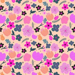 Seamless pattern flower pink set floral