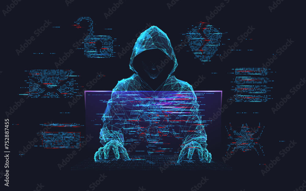 Poster Fraud or scam background. Abstract hacker behind the monitor hologram with programmer code. Cybercriminal icons on a background. Cyber attack, computer hack, cybersecurity concept. Vector illustration