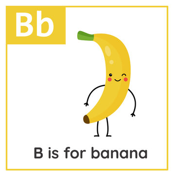 Learning English alphabet for kids. Letter B. Cute cartoon banana.