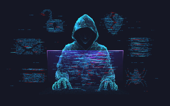 Fraud or scam background. Abstract hacker behind the monitor hologram with programmer code. Cybercriminal icons on a background. Cyber attack, computer hack, cybersecurity concept. Vector illustration