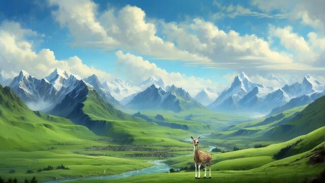 Natural scenery of mountains, rivers, deer and flying birds Seamless looping 4k time-lapse animation video background