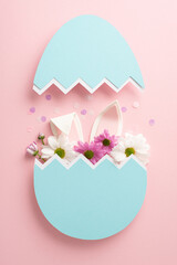 Appreciate our deluxe Easter display. Top view vertical photo of delicate chrysanthemums, confetti...