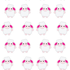 Vector Funny Cute Sheep on Blue and Pink Background. Cartoon Sheep Print, Design for Kids, Girls, Boys. Standing Vector Little Baby Sheep in Kawaii Style