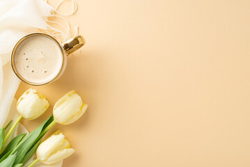 Spring awakening concept. Top view photo showcasing a frothy cappuccino, fresh tulips, and a soft...