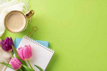 Springtime charm setup. From top view photo of a hot americano, spring's first blooms, ledger, pen, clips, and a scarf throw on an green background with space for copy or adverts