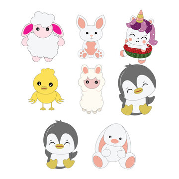 Cute animals.  Aries, penguin, llama, chicken, unicorn, rabbit, sheep