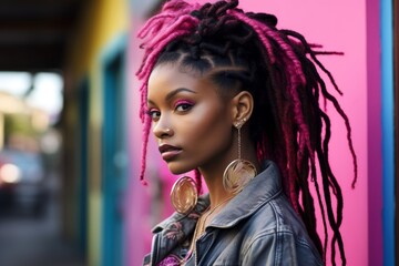 
Portrait of a chic young woman, in her early 30s, of African American ethnicity, with trendy pink dreadlocks cascading down her back, adding an eclectic touch to her overall look