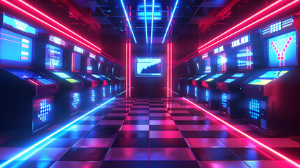 Hallway with neon lights, futuristic technology theme.