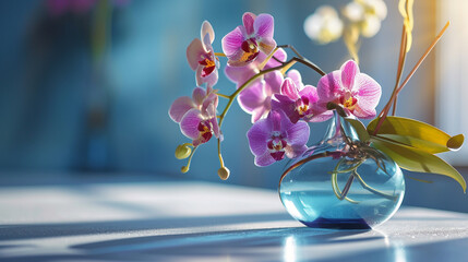 An artistic arrangement of exotic orchids, their unique shapes and vivid colors captured in crisp 4K HDR, set against a sleek, modern vase on a white table.
