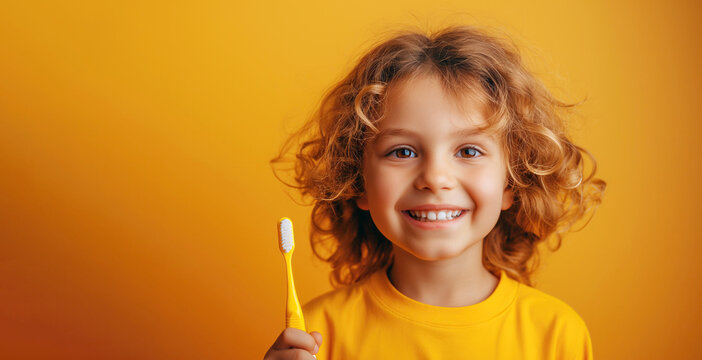 happy smile white kid boy child holds a toothbrush in hand on a orange isolated background. Pediatric dentistry for brushing teeth