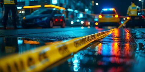 CSI team investigates murder at a crime scene with police car blurred. Concept Crime Scene Investigation, Murder Mystery, Police Car, Evidence Collection, Forensic Analysis