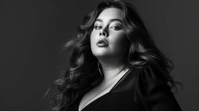 Plus size young woman in stylish clothes. Diversity and body positivity. Black and white photo.