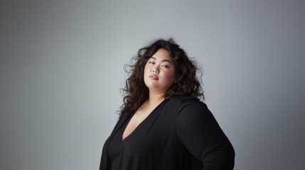 Naklejka premium Plus size asian young woman in stylish clothes on black background. Diversity and body positivity