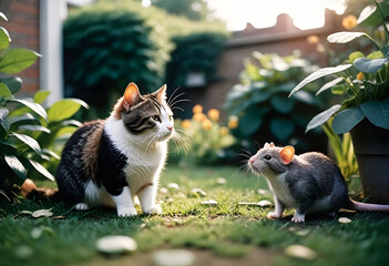 Cat playing with little mouse 