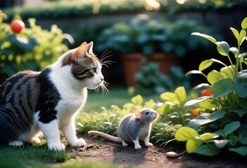Cat playing with little mouse 