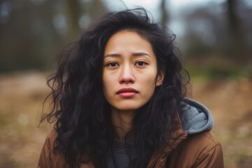 Naklejka premium Young curly tired woman wanders alone in the park