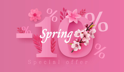 Spring sale offer 10 percentage, flyer save season. Vector illustration