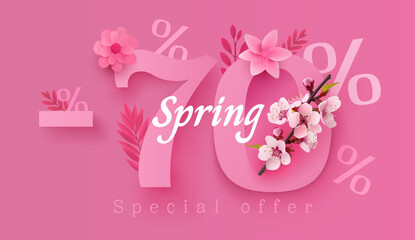 Spring sale offer 70 percentage, flyer save season. Vector illustration