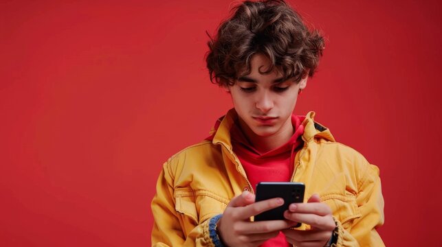Focused teenager using smartphone against red background