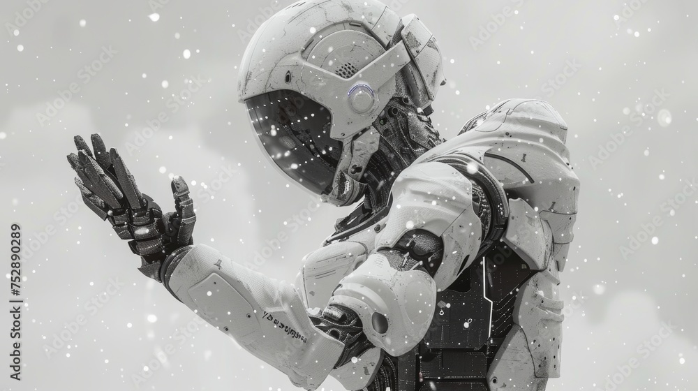 Poster futuristic white robot in a digital network with floating dots and lines, 3d rendering.