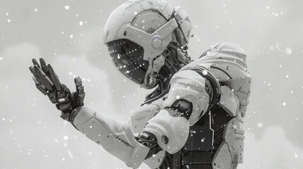 Futuristic white robot in a digital network with floating dots and lines, 3d rendering.