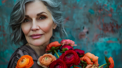 portrait of a middle-aged woman with a bouquet of ranunculuses