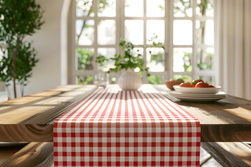 Wooden table with tablecloth in kitchen, closeup