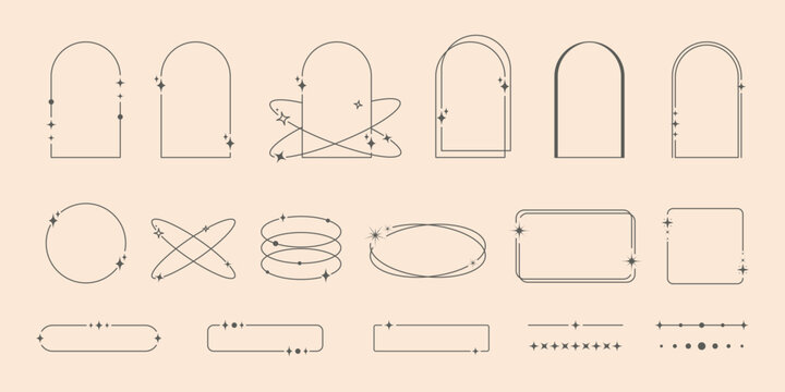Modern minimalist aesthetic line elements. Trendy arch frames with stars and geometric Y2K shapes.