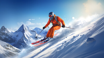 Fototapeta na wymiar Snowboarder in orange suit and helmet skiing downhill