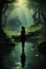 Fototapeta premium a fairy tale, a girl in a dark forest