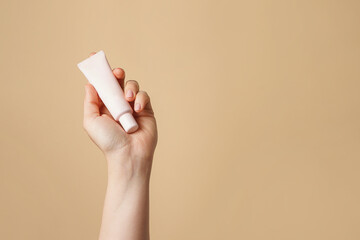 Female hand holding light tube with Foundation or cosmetic cream on beige background. Cosmetic beauty product branding mockup. Copy space