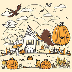 halloween atmosphere fields with houses birds scarecrows, vector illustration line art