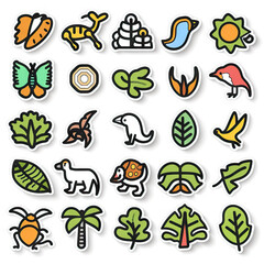 Rainforest Rendezvous - Biodiversity Galore. Sticker Collection. Multiple. Vector Icon Illustration. Icon Concept Isolated Premium Vector. Line Art. Black Outline. White Background. 