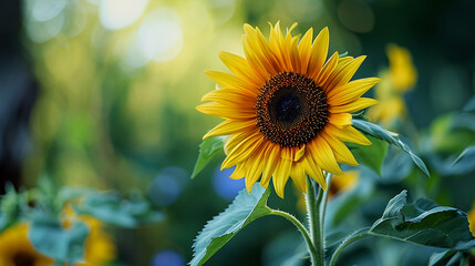 Obraz premium A 4K HDR image of a single, perfect sunflower, its vibrant yellow petals and dark center standing out against a soft, blurred green background.