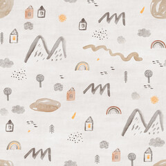 Cute seamless pattern. Watercolor childish background with houses, mountains, river and lakes.