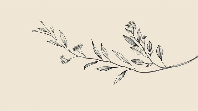 Floral branch and minimalist leaves for logo or tattoo. Hand drawn line wedding herb, elegant wildflowers. Minimal line art drawing for print, cover or wallpaper 
